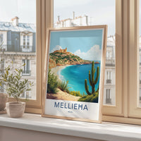 Mellieha Poster - Malta Travel Art - Coastal Hilltop Village Home Decor