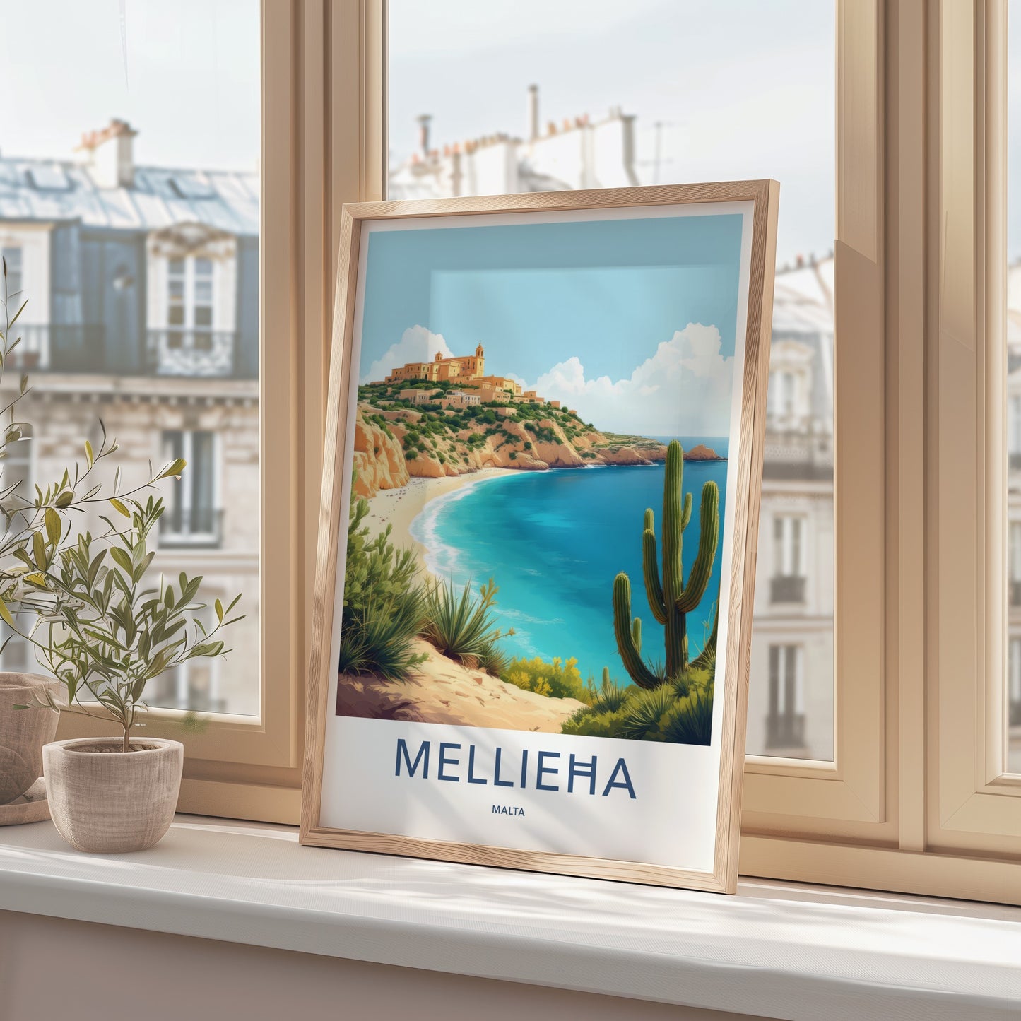Mellieha Poster - Malta Travel Art - Coastal Hilltop Village Home Decor