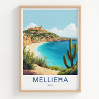 Mellieha Poster - Malta Travel Art - Coastal Hilltop Village Home Decor