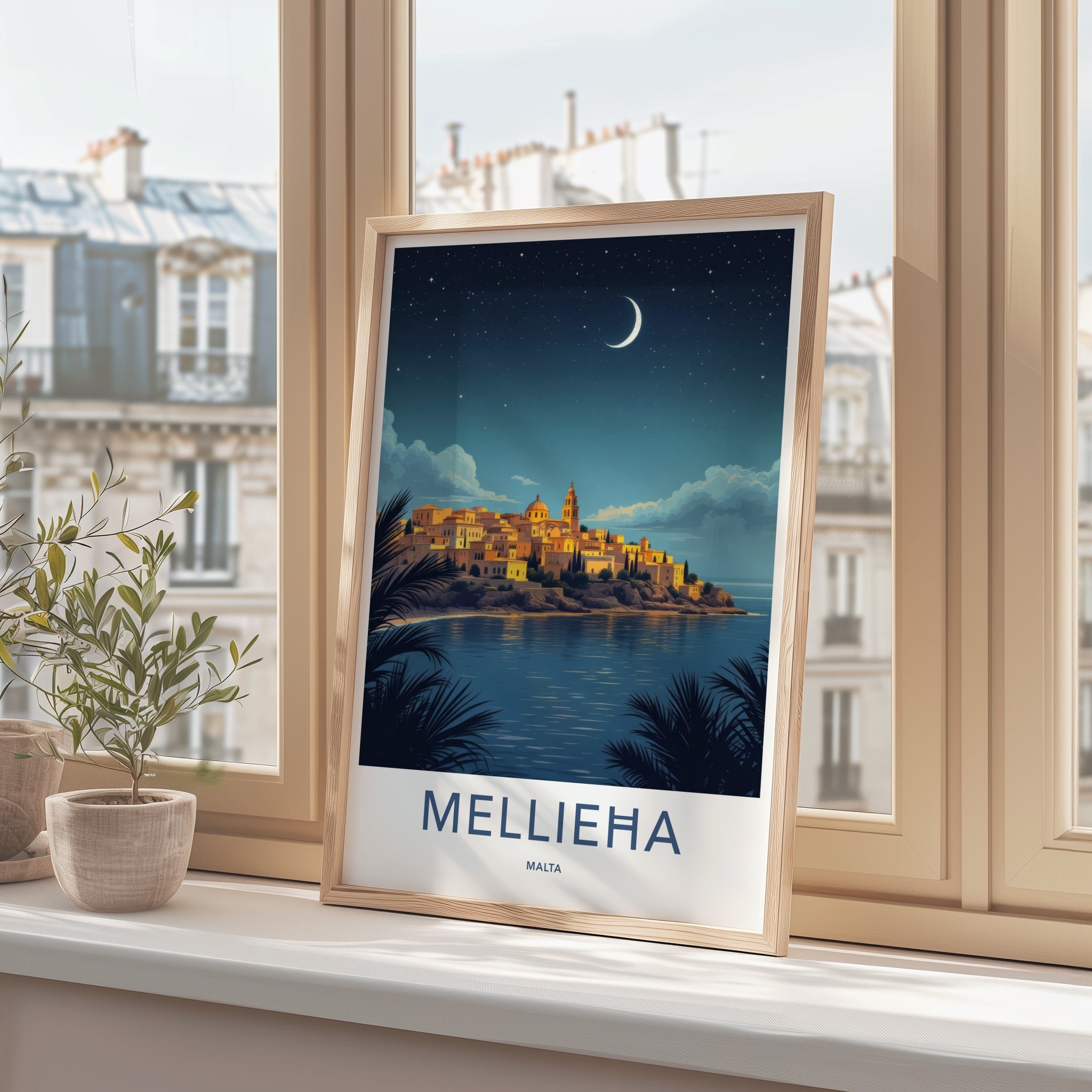 Mellieha Poster - Malta Travel Art - Coastal Town Moonlit Home Decor