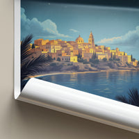 Mellieha Poster - Malta Travel Art - Coastal Town Moonlit Home Decor