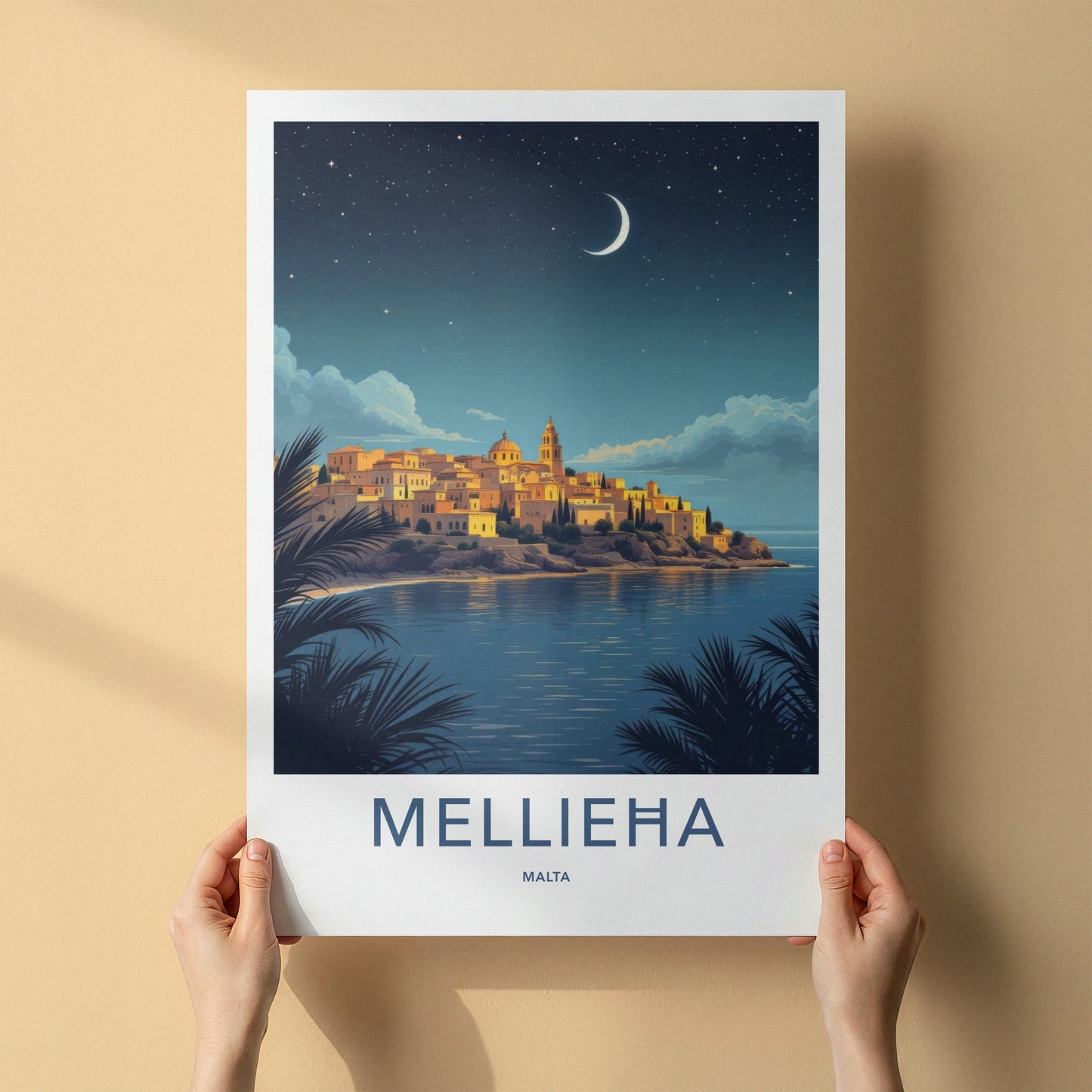 Mellieha Poster - Malta Travel Art - Coastal Town Moonlit Home Decor