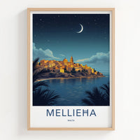 Mellieha Poster - Malta Travel Art - Coastal Town Moonlit Home Decor
