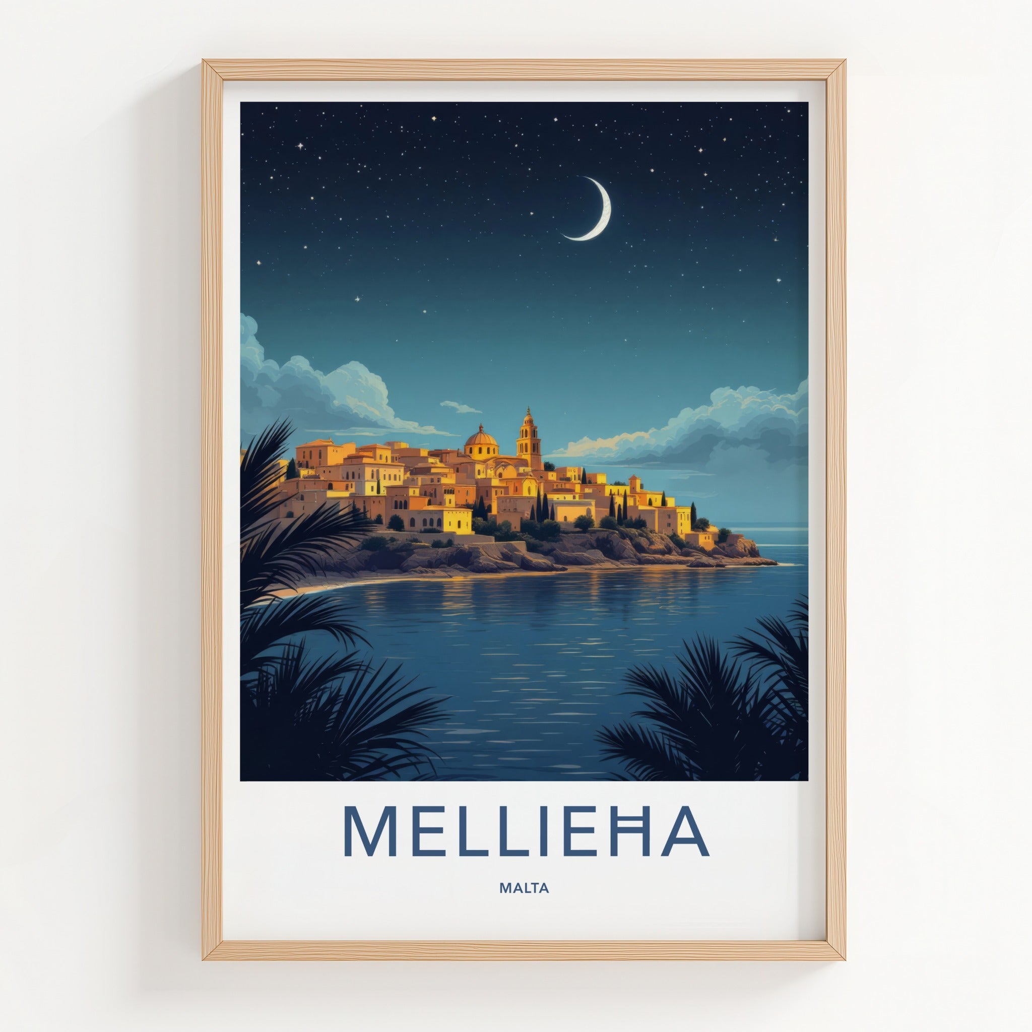 Mellieha Poster - Malta Travel Art - Coastal Town Moonlit Home Decor