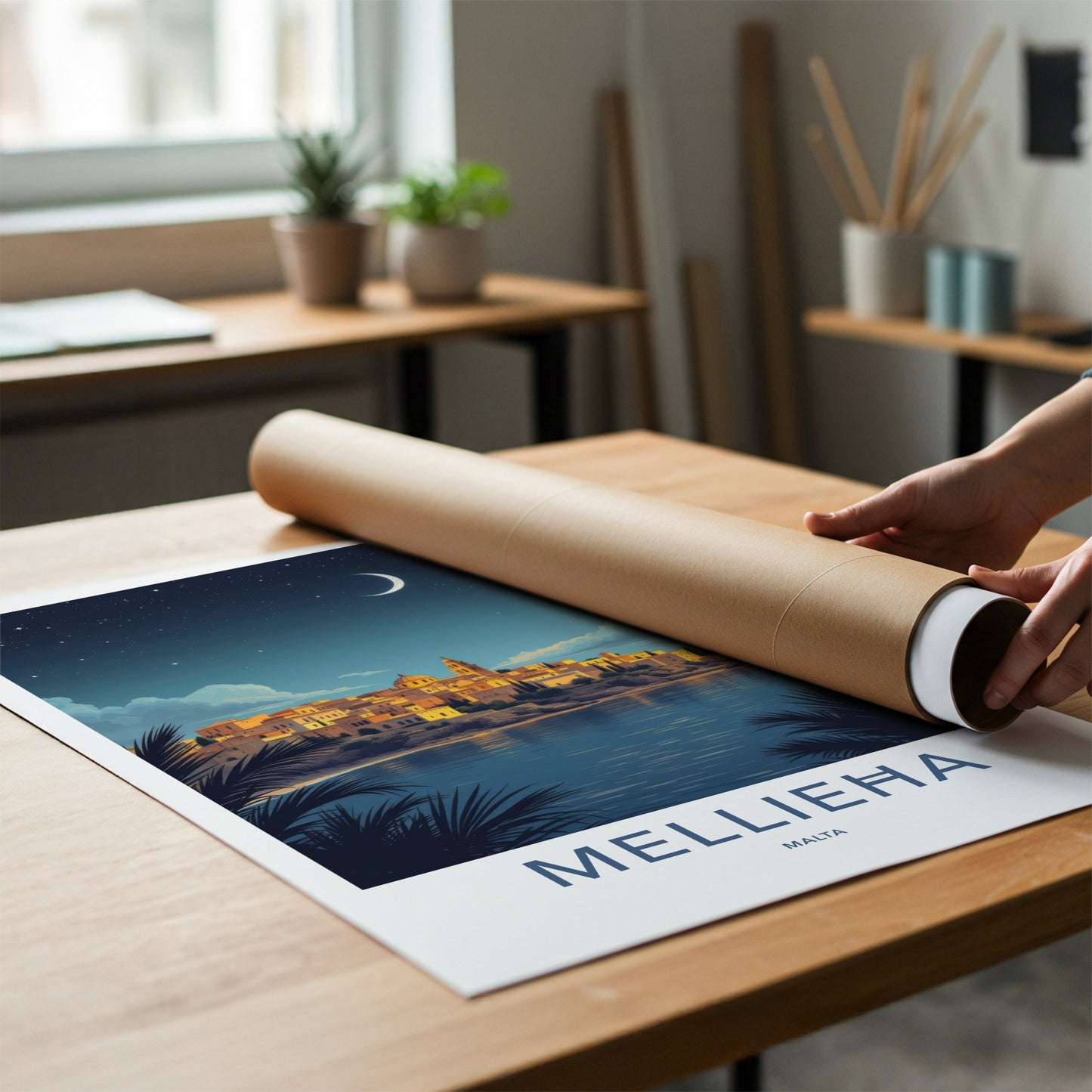 Mellieha Poster - Malta Travel Art - Coastal Town Moonlit Home Decor