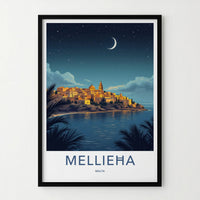 Mellieha Poster - Malta Travel Art - Coastal Town Moonlit Home Decor