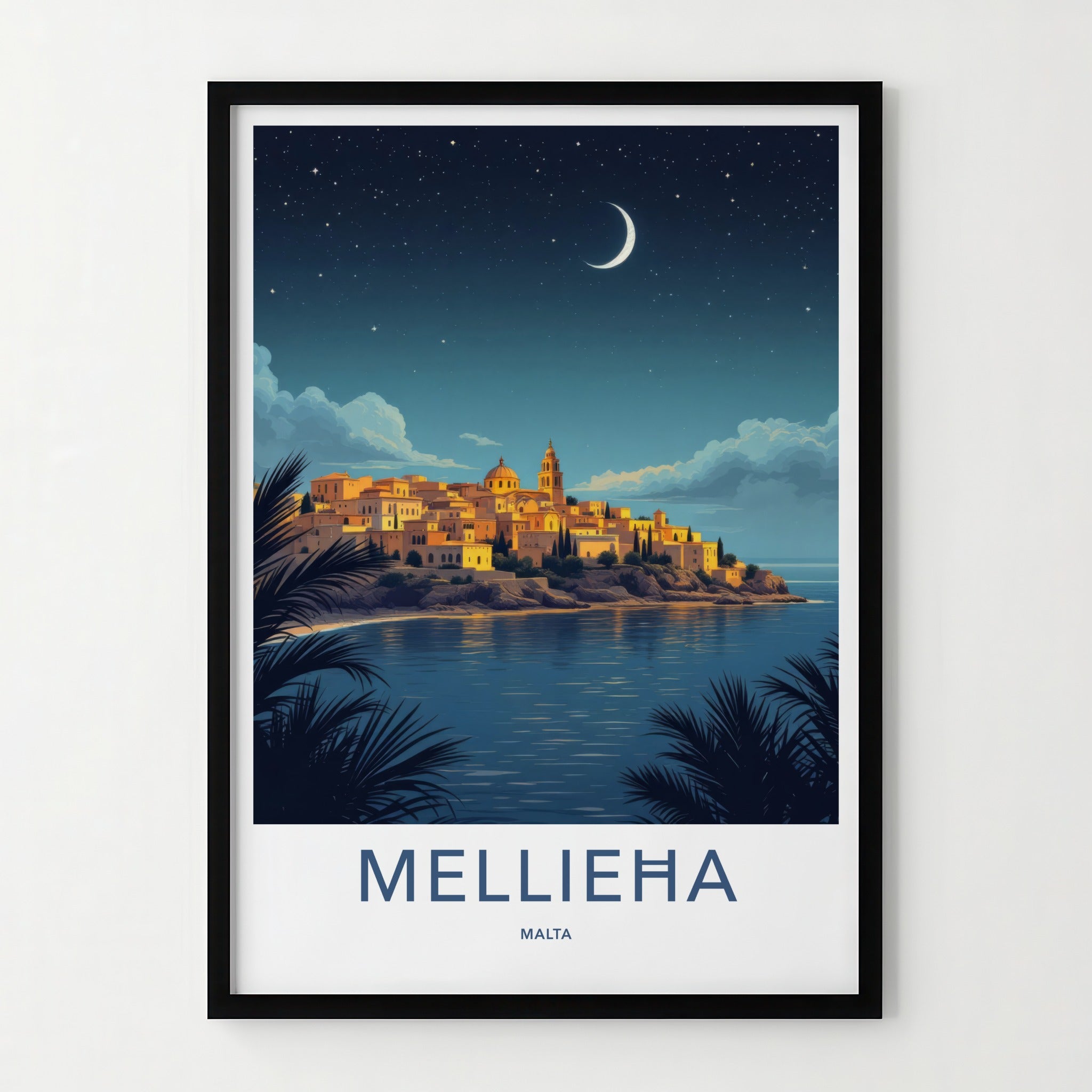 Mellieha Poster - Malta Travel Art - Coastal Town Moonlit Home Decor