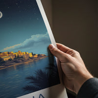 Mellieha Poster - Malta Travel Art - Coastal Town Moonlit Home Decor