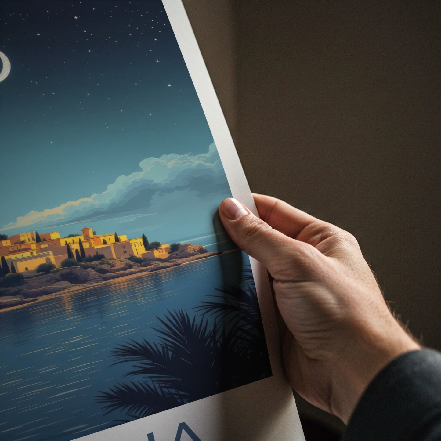 Mellieha Poster - Malta Travel Art - Coastal Town Moonlit Home Decor