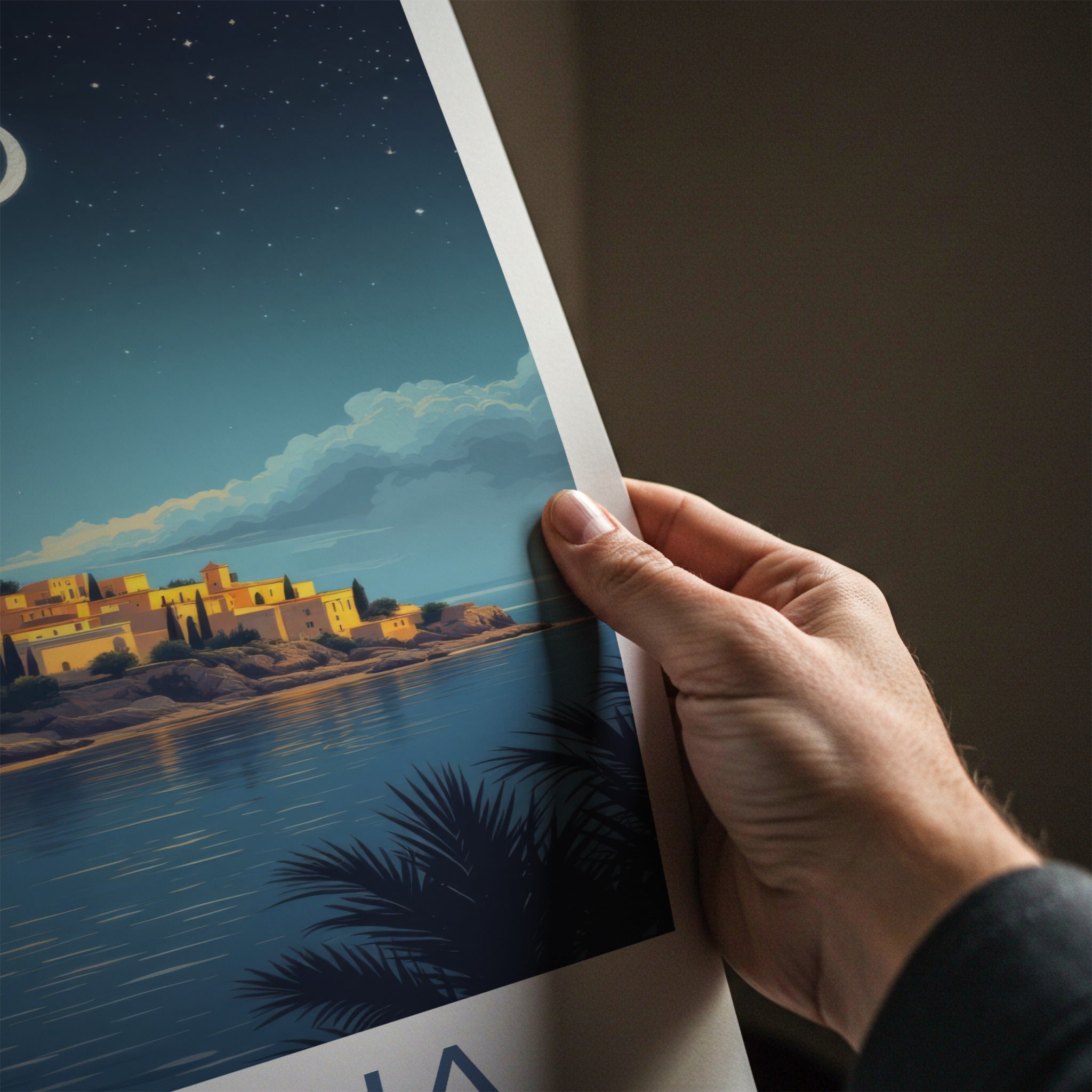 Mellieha Poster - Malta Travel Art - Coastal Town Moonlit Home Decor