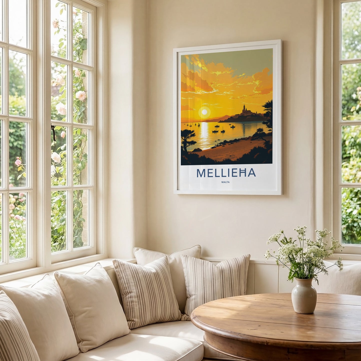 Mellieha Poster - Malta Travel Art - Golden Bay Sunset Home Decor