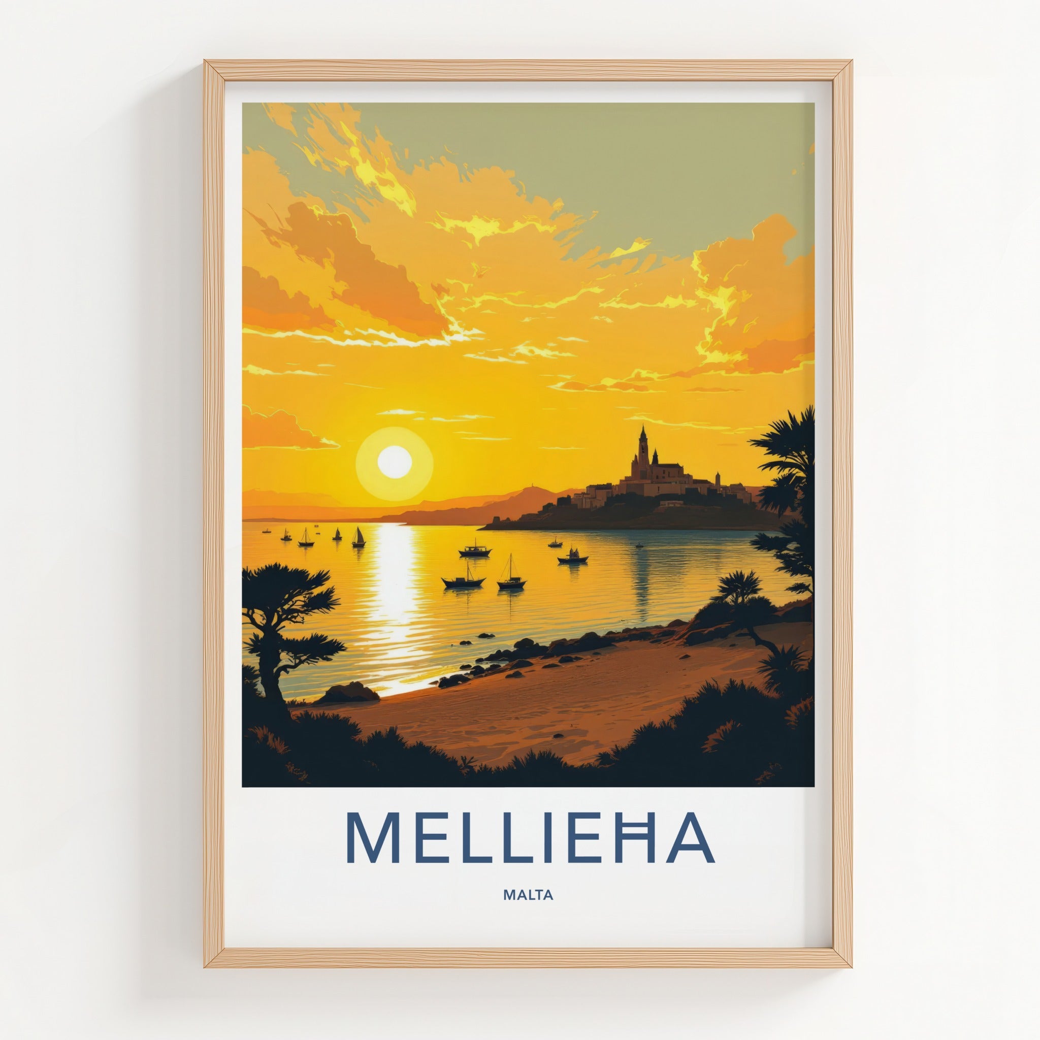 Mellieha Poster - Malta Travel Art - Golden Bay Sunset Home Decor