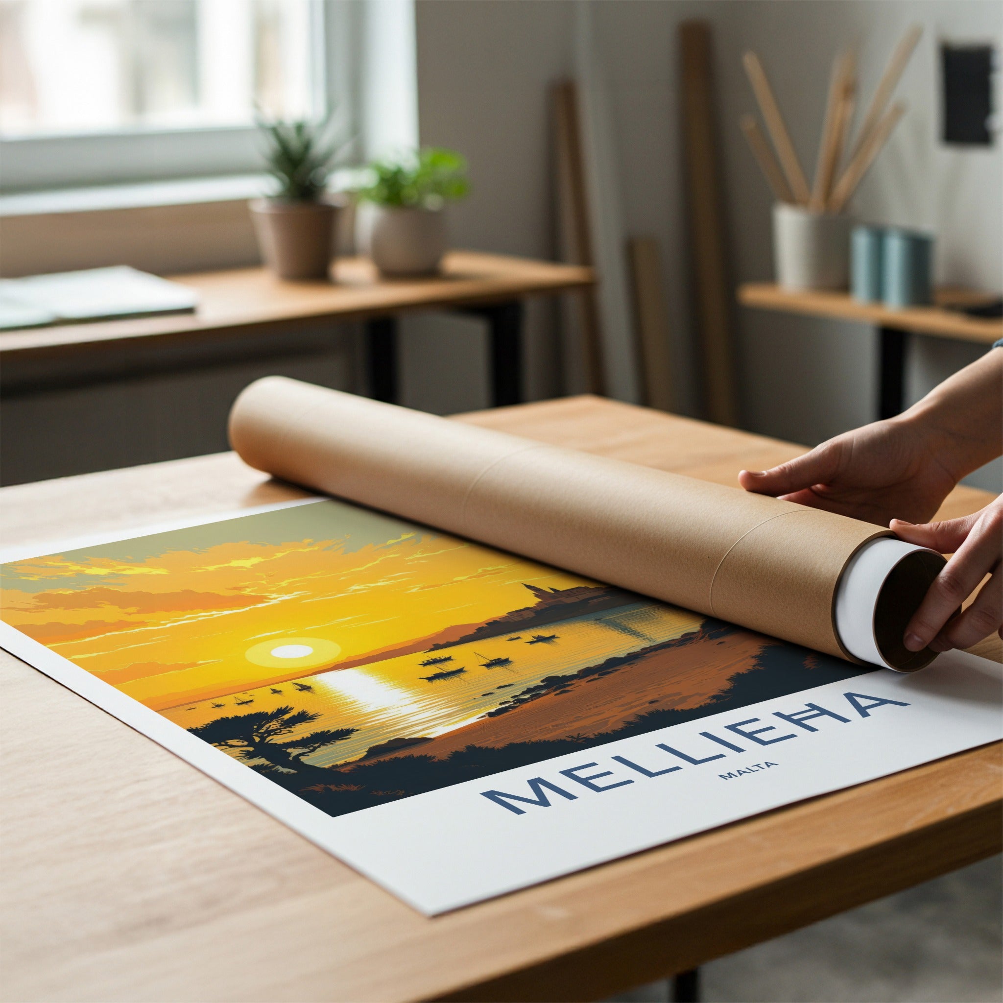 Mellieha Poster - Malta Travel Art - Golden Bay Sunset Home Decor