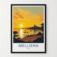 Mellieha Poster - Malta Travel Art - Golden Bay Sunset Home Decor