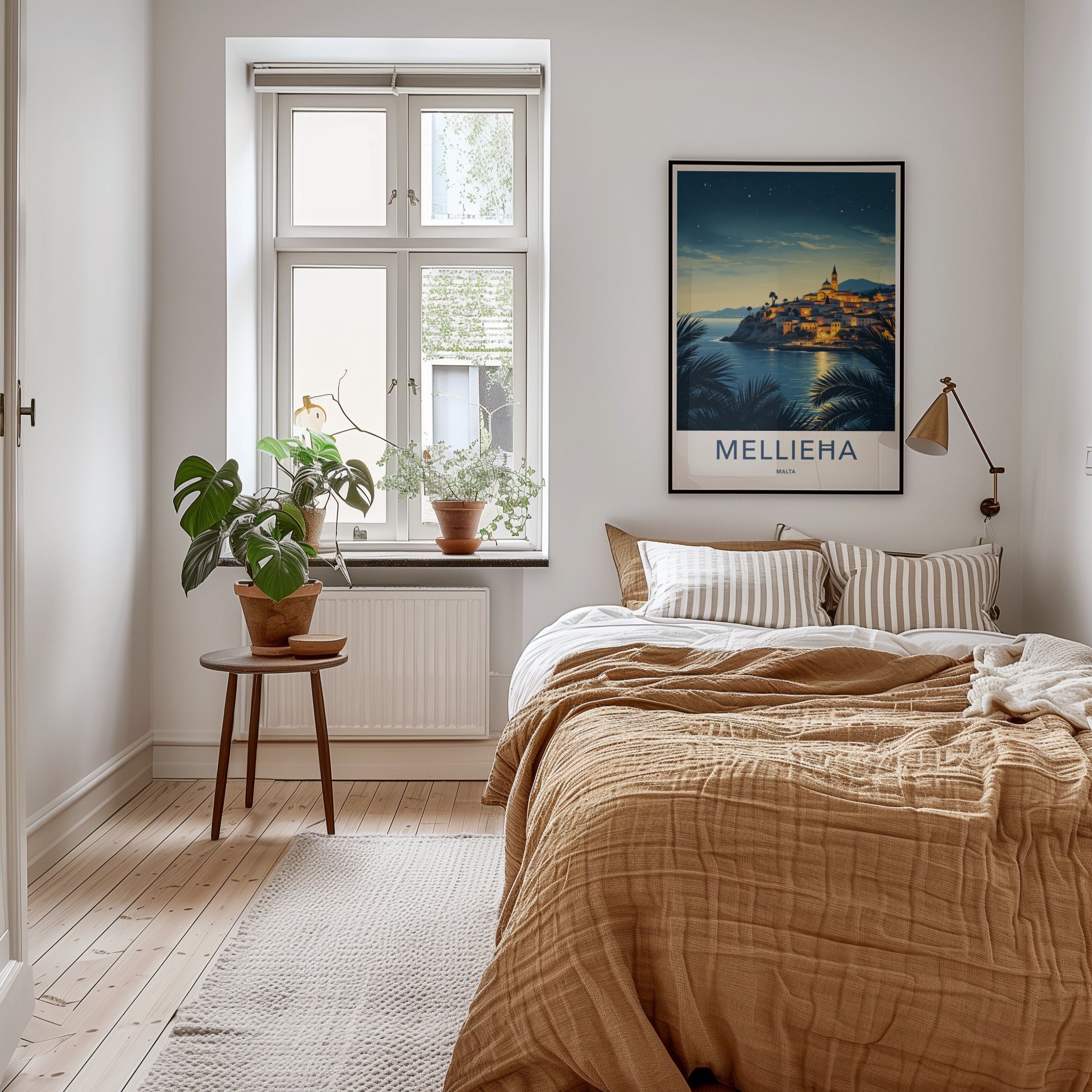 Mellieha Poster - Malta Travel Art - Illuminated Coastal Town Wall Decor