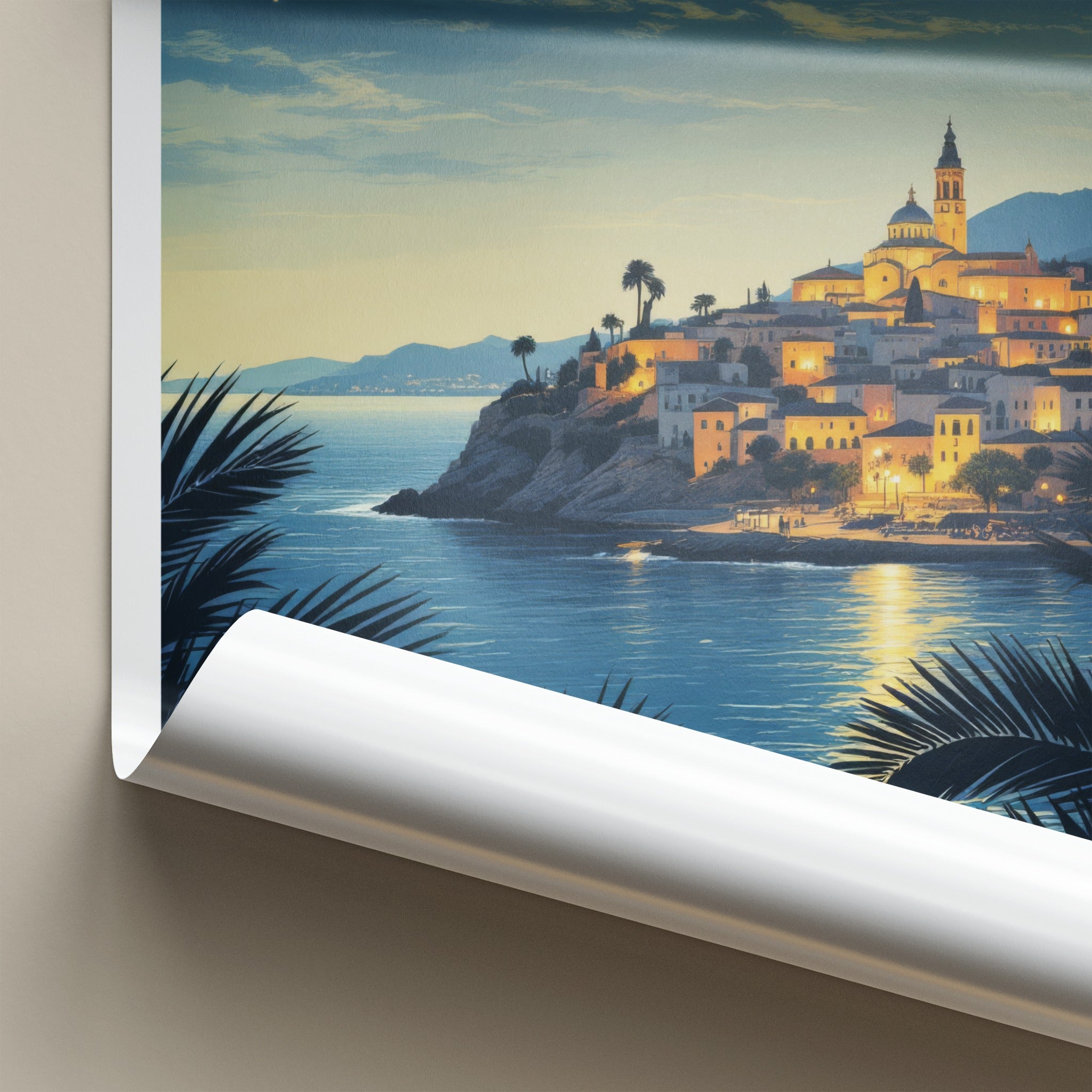Mellieha Poster - Malta Travel Art - Illuminated Coastal Town Wall Decor
