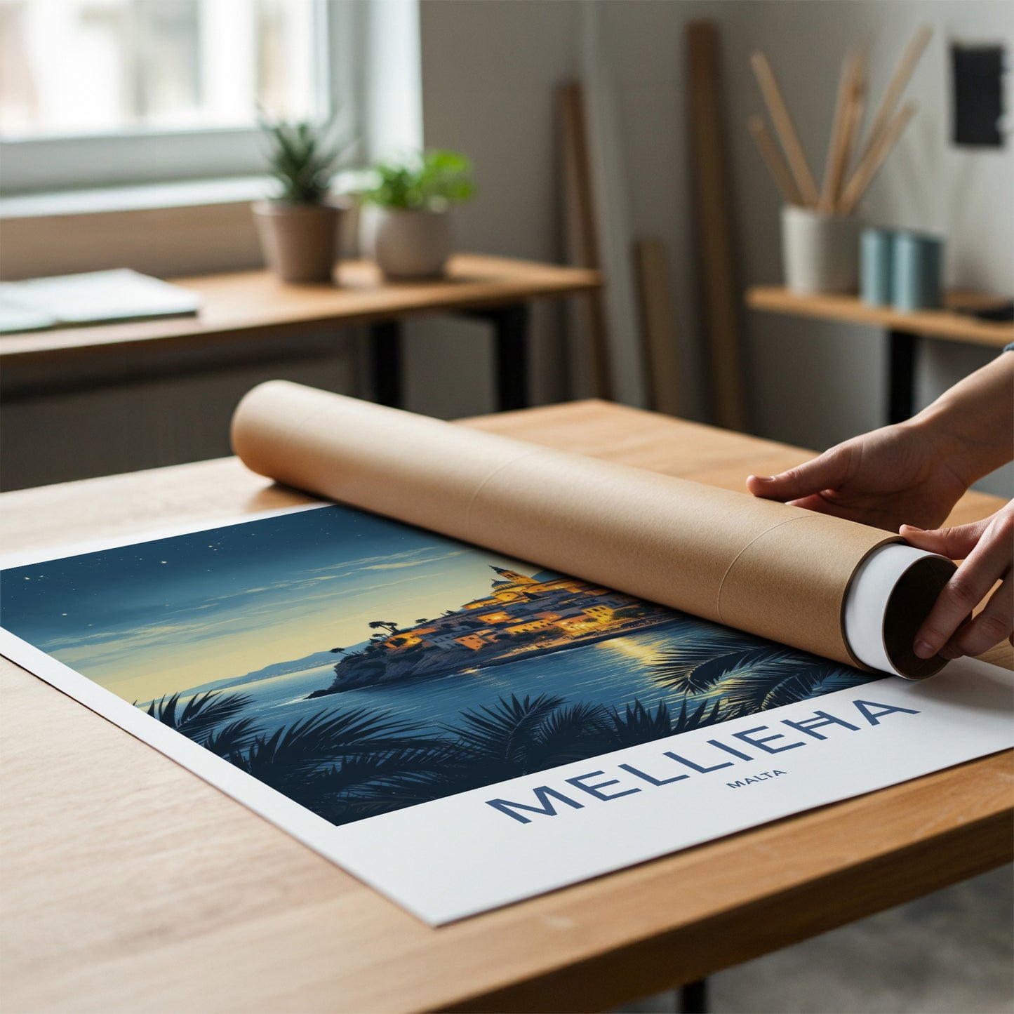 Mellieha Poster - Malta Travel Art - Illuminated Coastal Town Wall Decor