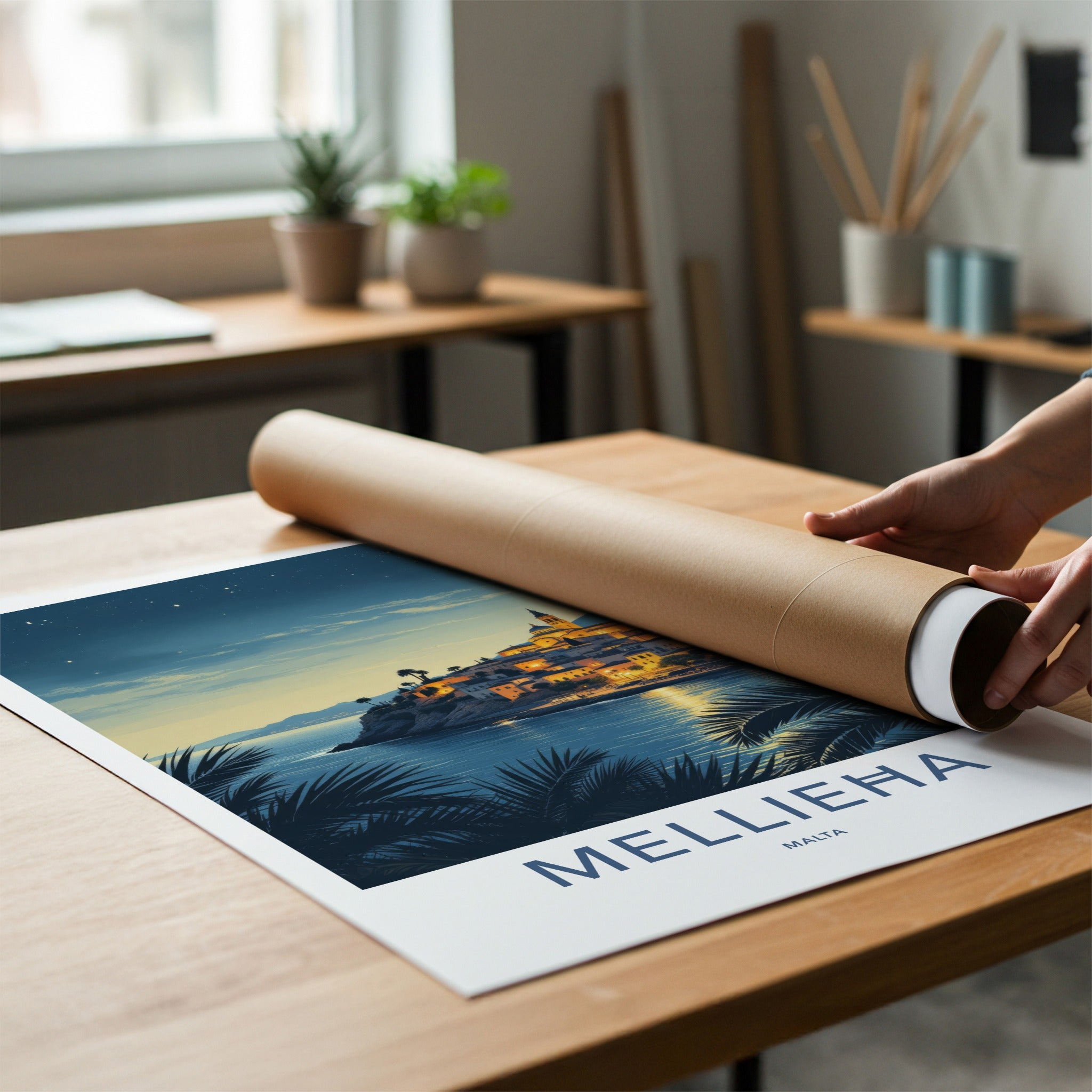 Mellieha Poster - Malta Travel Art - Illuminated Coastal Town Wall Decor
