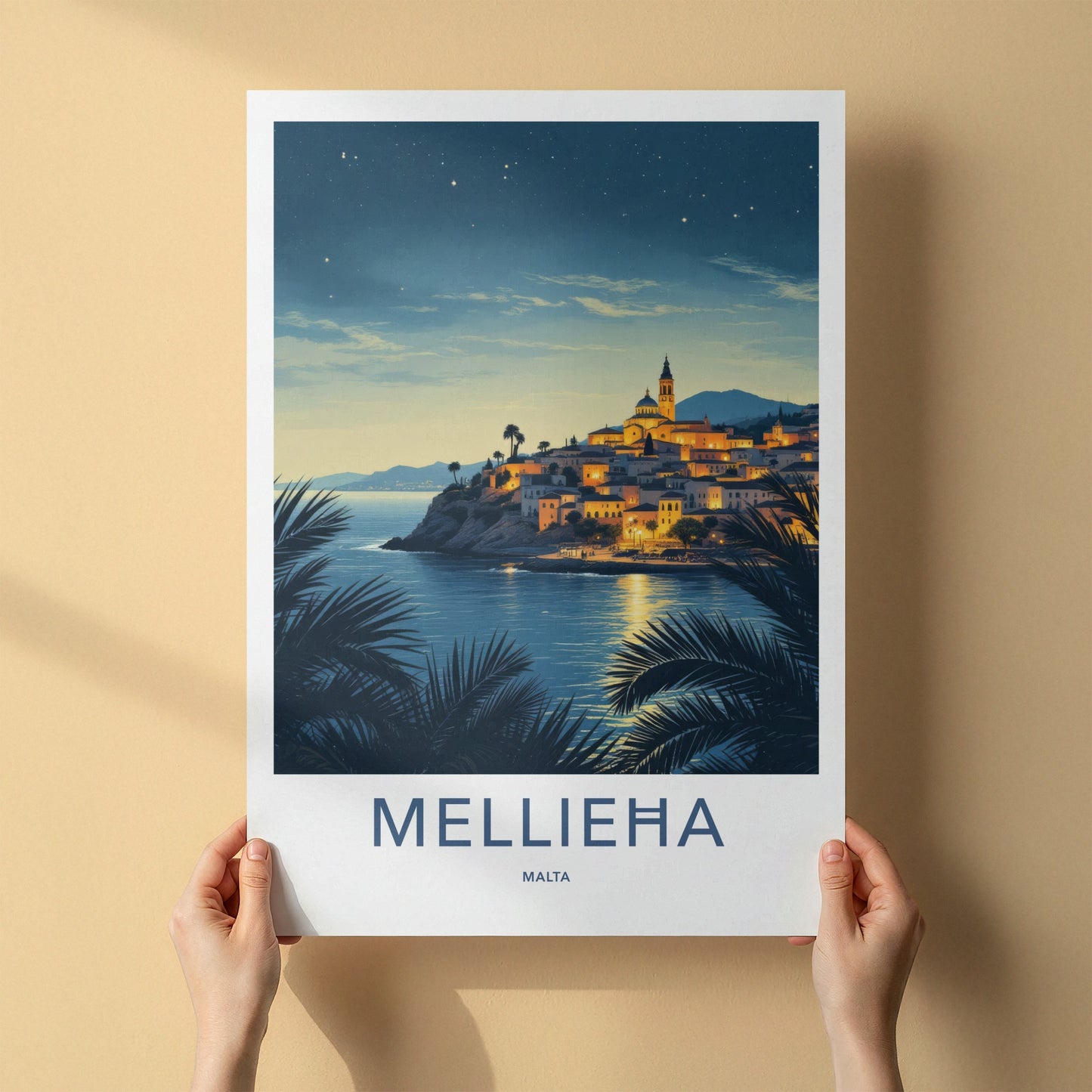 Mellieha Poster - Malta Travel Art - Illuminated Coastal Town Wall Decor