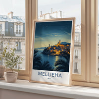 Mellieha Poster - Malta Travel Art - Illuminated Coastal Town Wall Decor