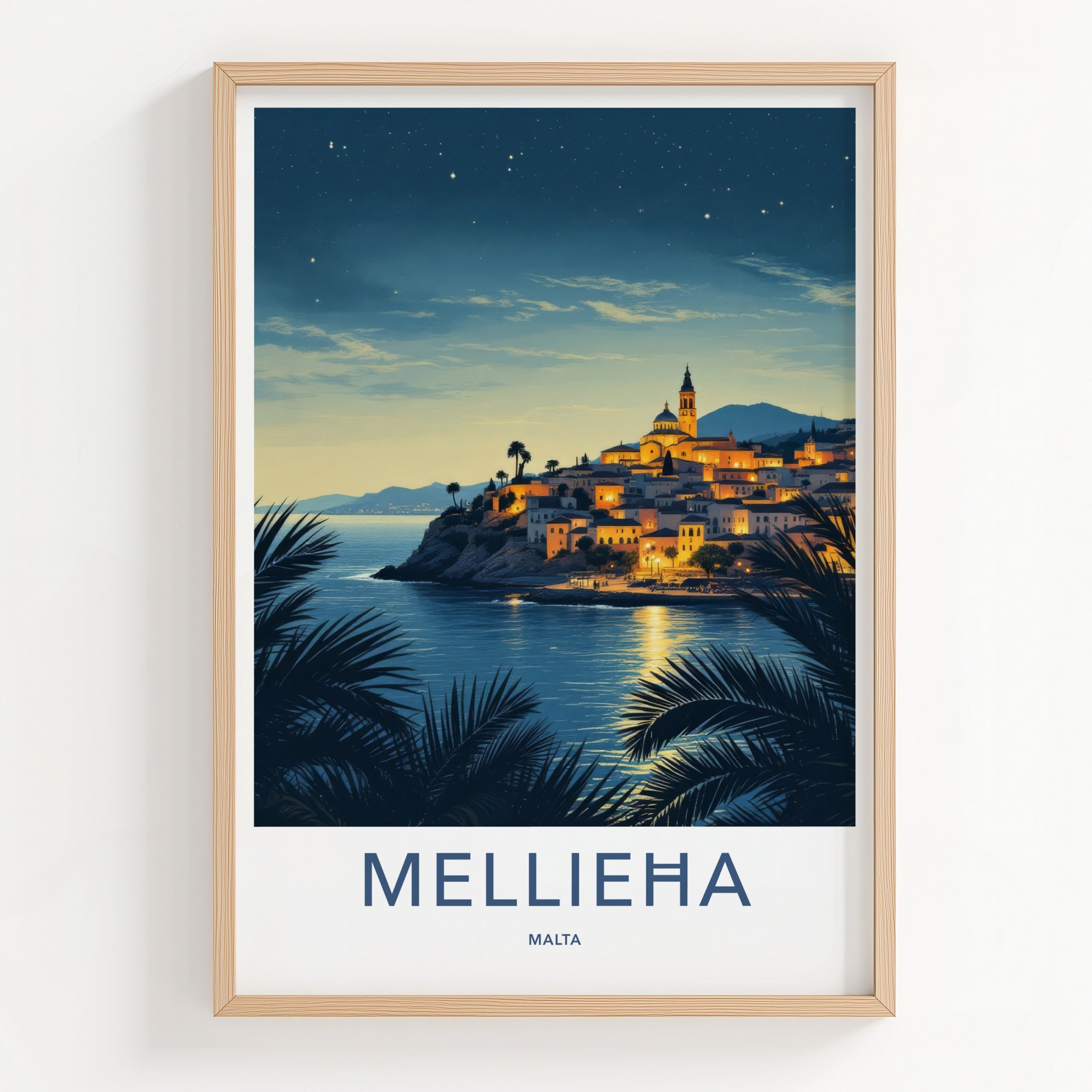 Mellieha Poster - Malta Travel Art - Illuminated Coastal Town Wall Decor