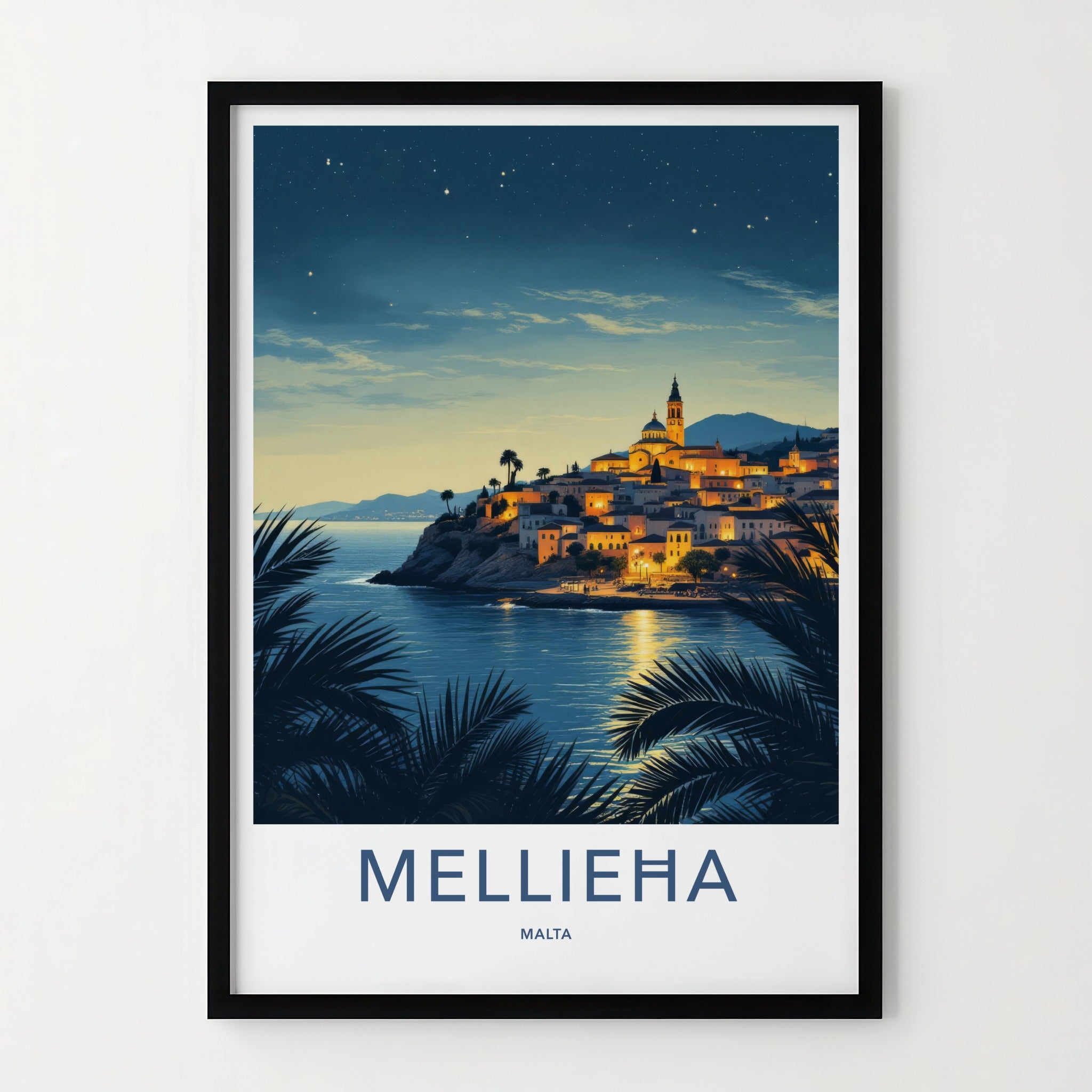 Mellieha Poster - Malta Travel Art - Illuminated Coastal Town Wall Decor