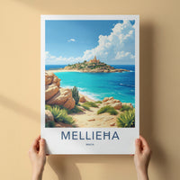 Mellieha Poster - Malta Travel Art - Island Church Blue Waters Wall Decor