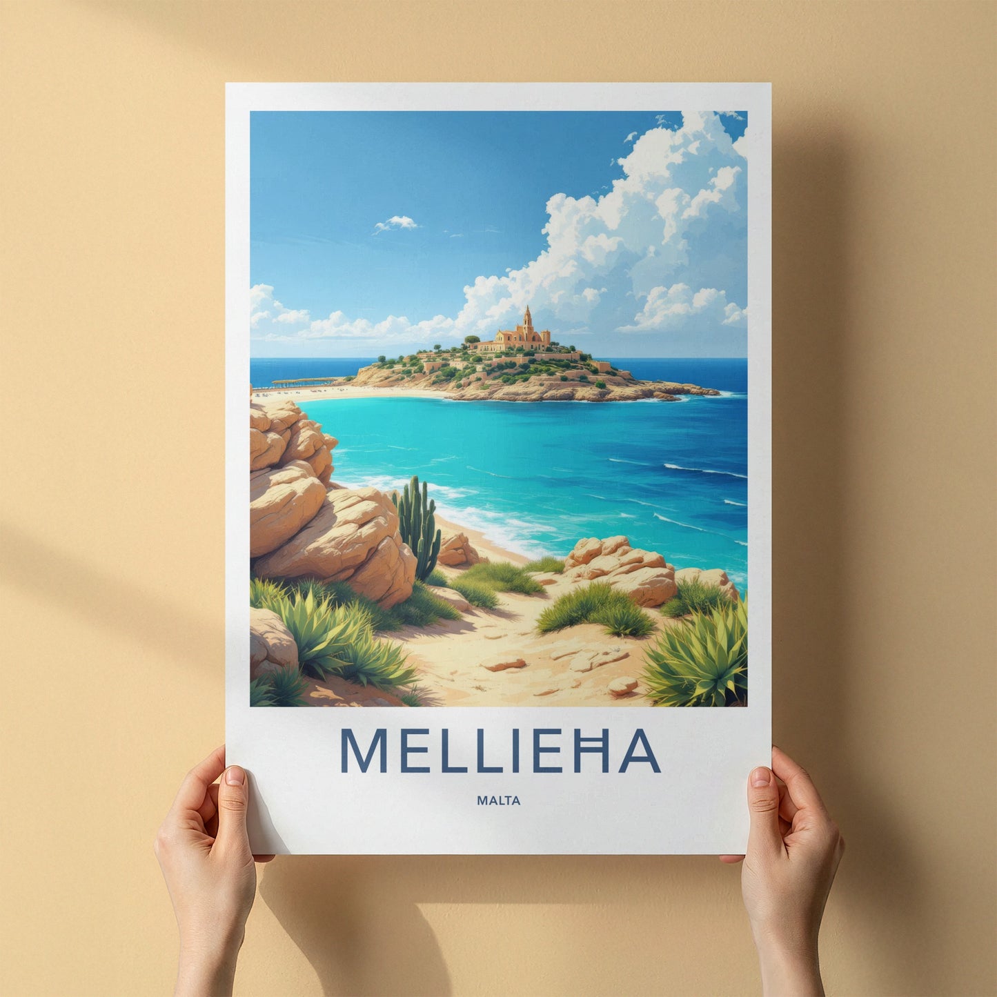 Mellieha Poster - Malta Travel Art - Island Church Blue Waters Wall Decor