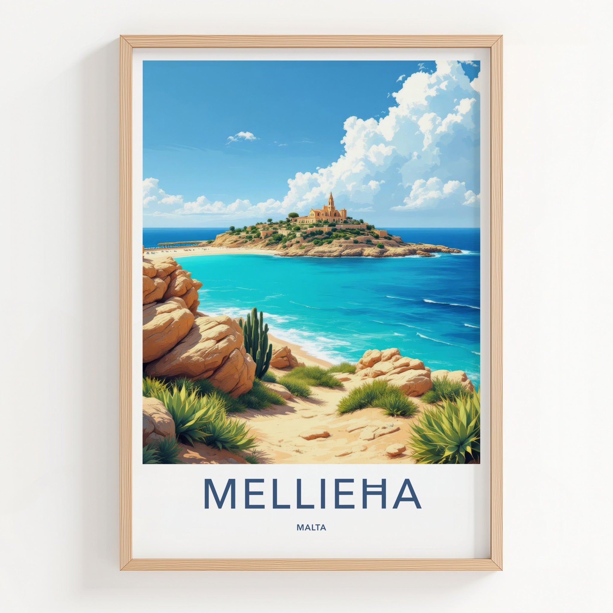 Mellieha Poster - Malta Travel Art - Island Church Blue Waters Wall Decor