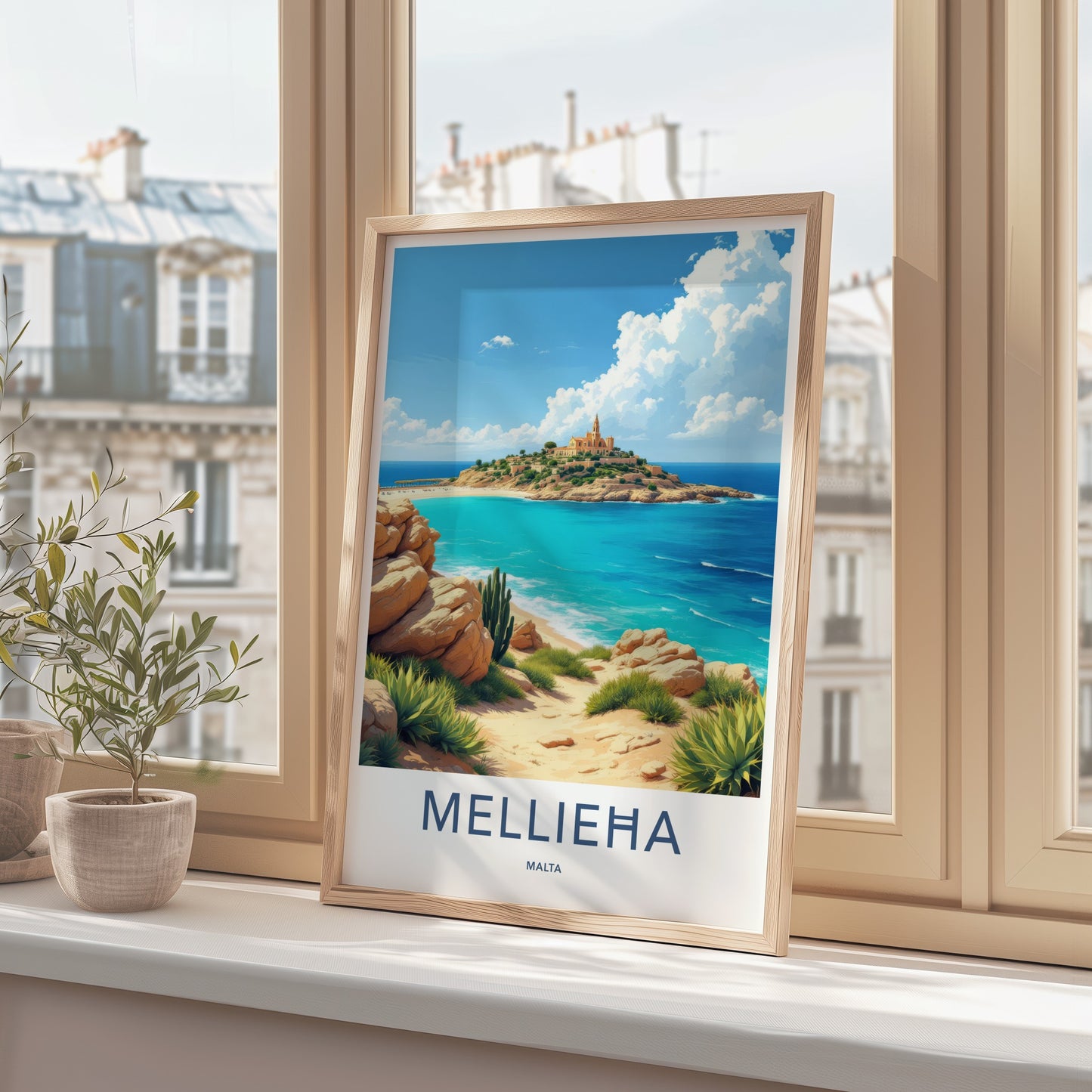 Mellieha Poster - Malta Travel Art - Island Church Blue Waters Wall Decor