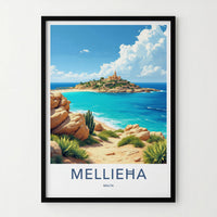 Mellieha Poster - Malta Travel Art - Island Church Blue Waters Wall Decor