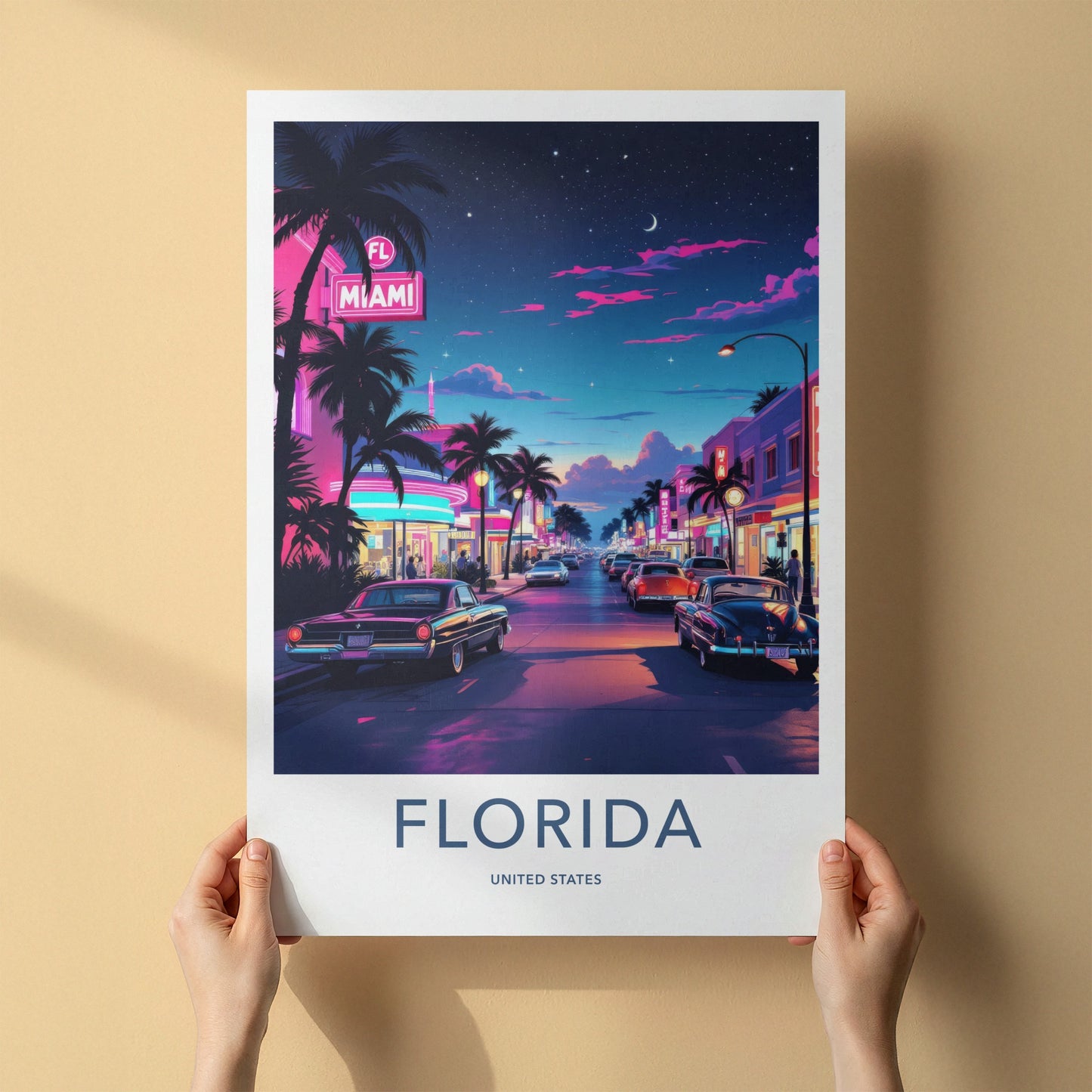 Miami Poster - Florida Travel Art - Palm Tree Lined Street Home Decor