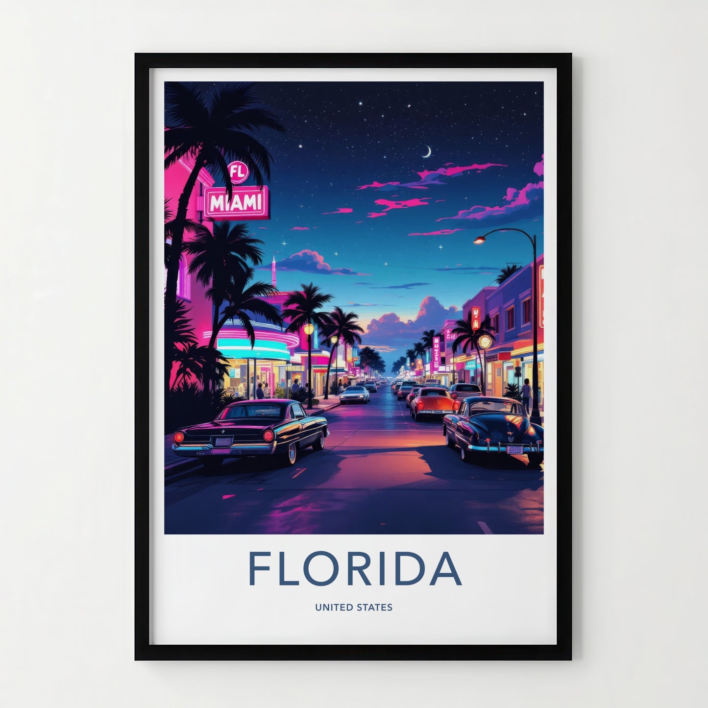 Miami Poster - Florida Travel Art - Palm Tree Lined Street Home Decor