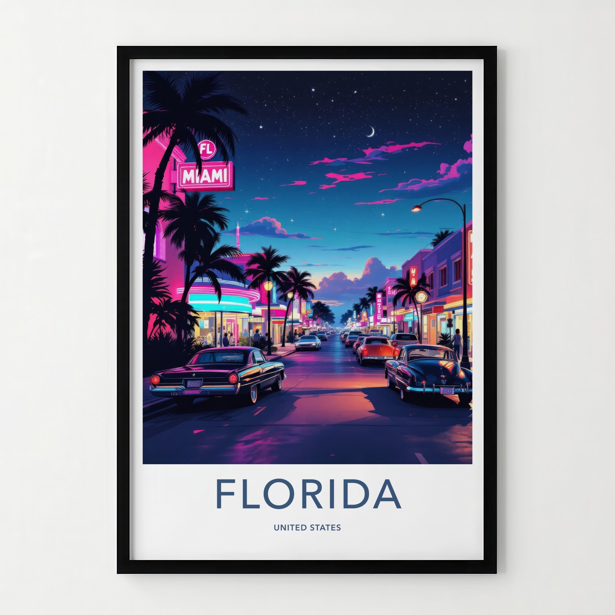 Miami Poster - Florida Travel Art - Palm Tree Lined Street Home Decor