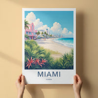 Miami Poster - Florida Travel Art - Pink Art Deco Beach Wall Decor