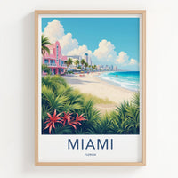 Miami Poster - Florida Travel Art - Pink Art Deco Beach Wall Decor