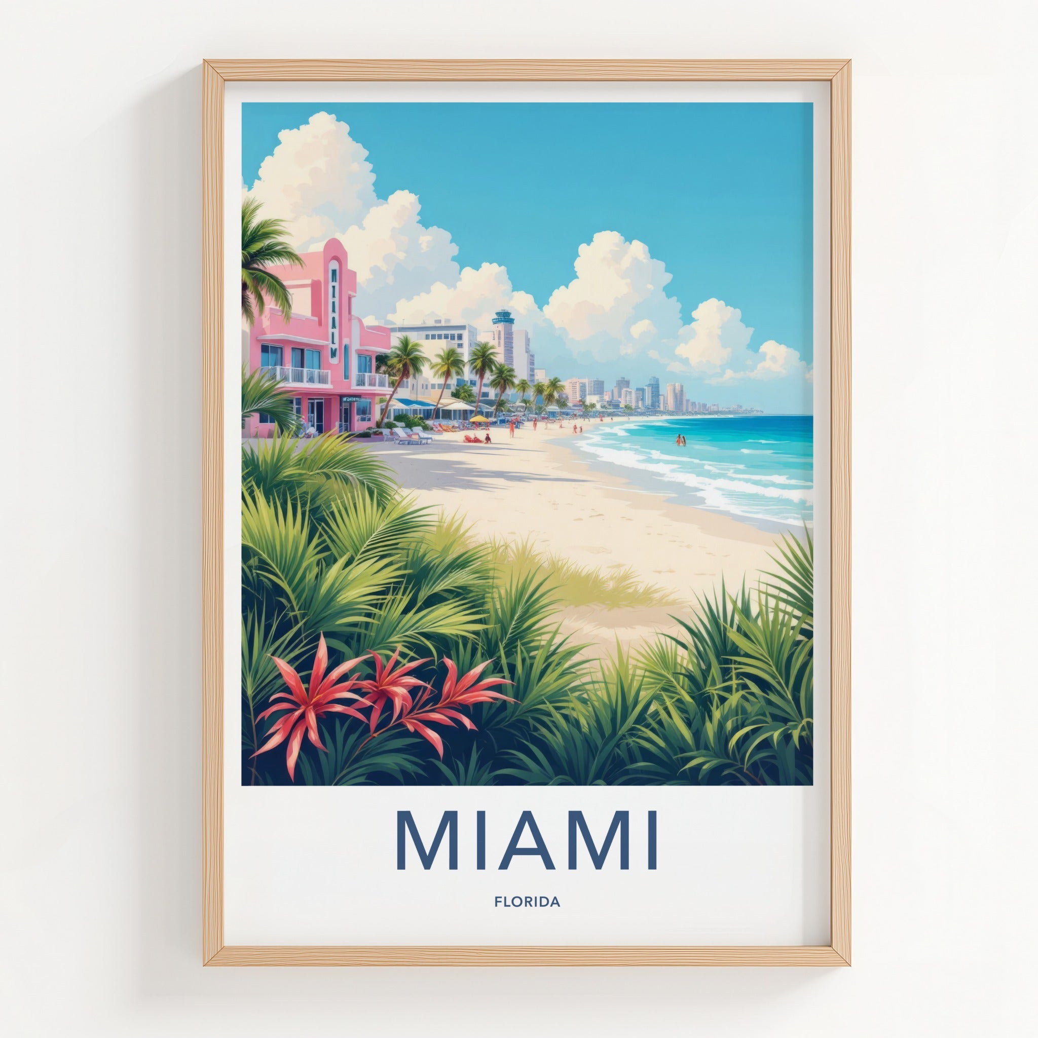 Miami Poster - Florida Travel Art - Pink Art Deco Beach Wall Decor