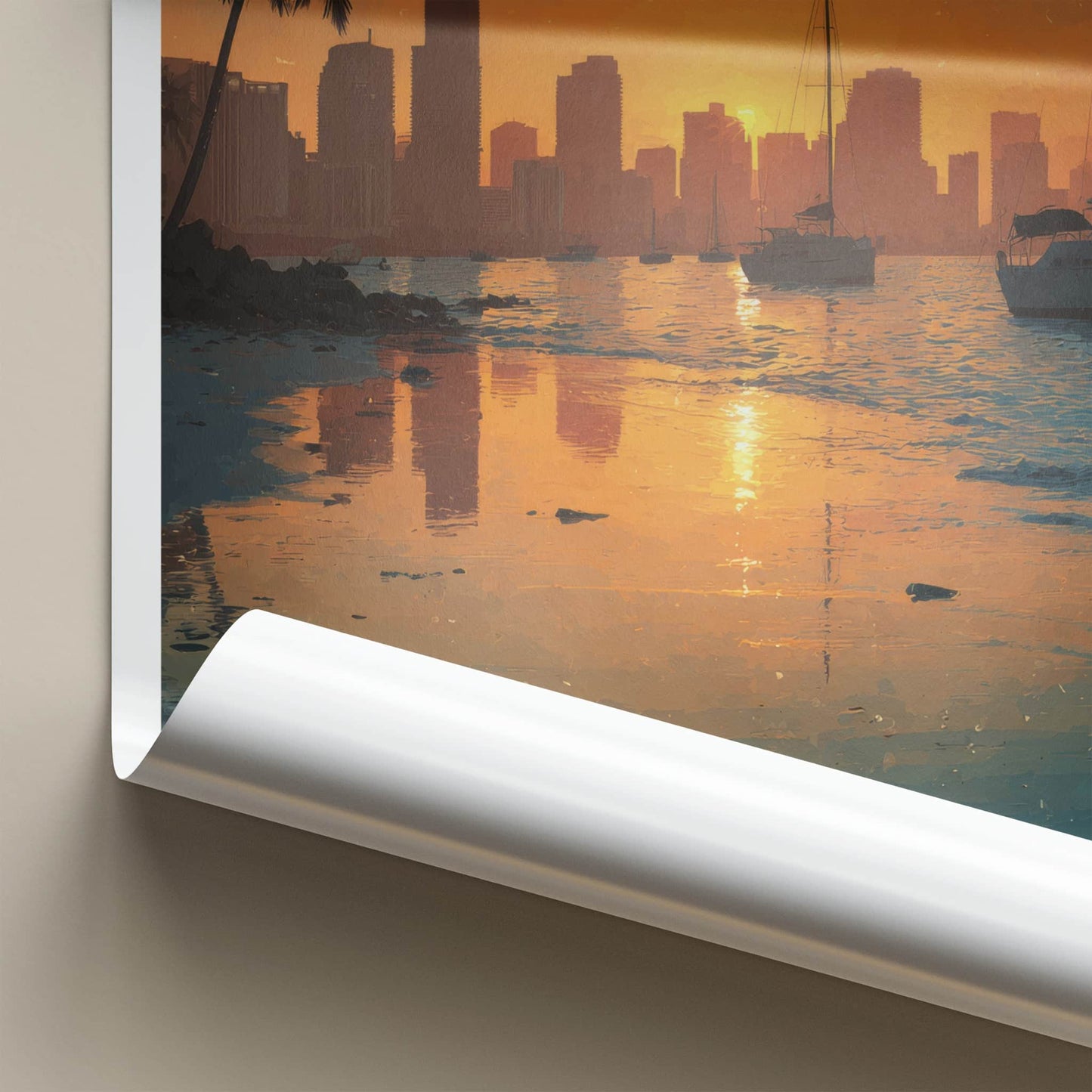 Miami Poster - Florida Travel Art - Sunset Cityscape Boats Home Decor