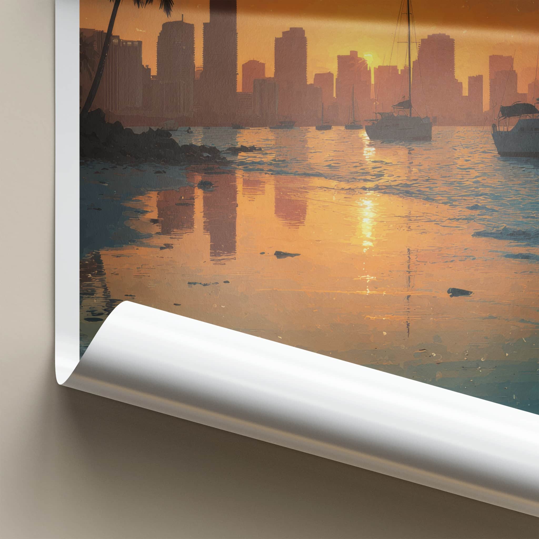 Miami Poster - Florida Travel Art - Sunset Cityscape Boats Home Decor