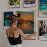 Miami Poster - Florida Travel Art - Sunset Cityscape Boats Home Decor