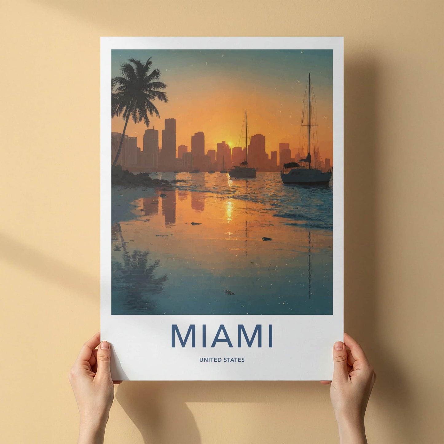 Miami Poster - Florida Travel Art - Sunset Cityscape Boats Home Decor