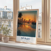 Miami Poster - Florida Travel Art - Sunset Cityscape Boats Home Decor