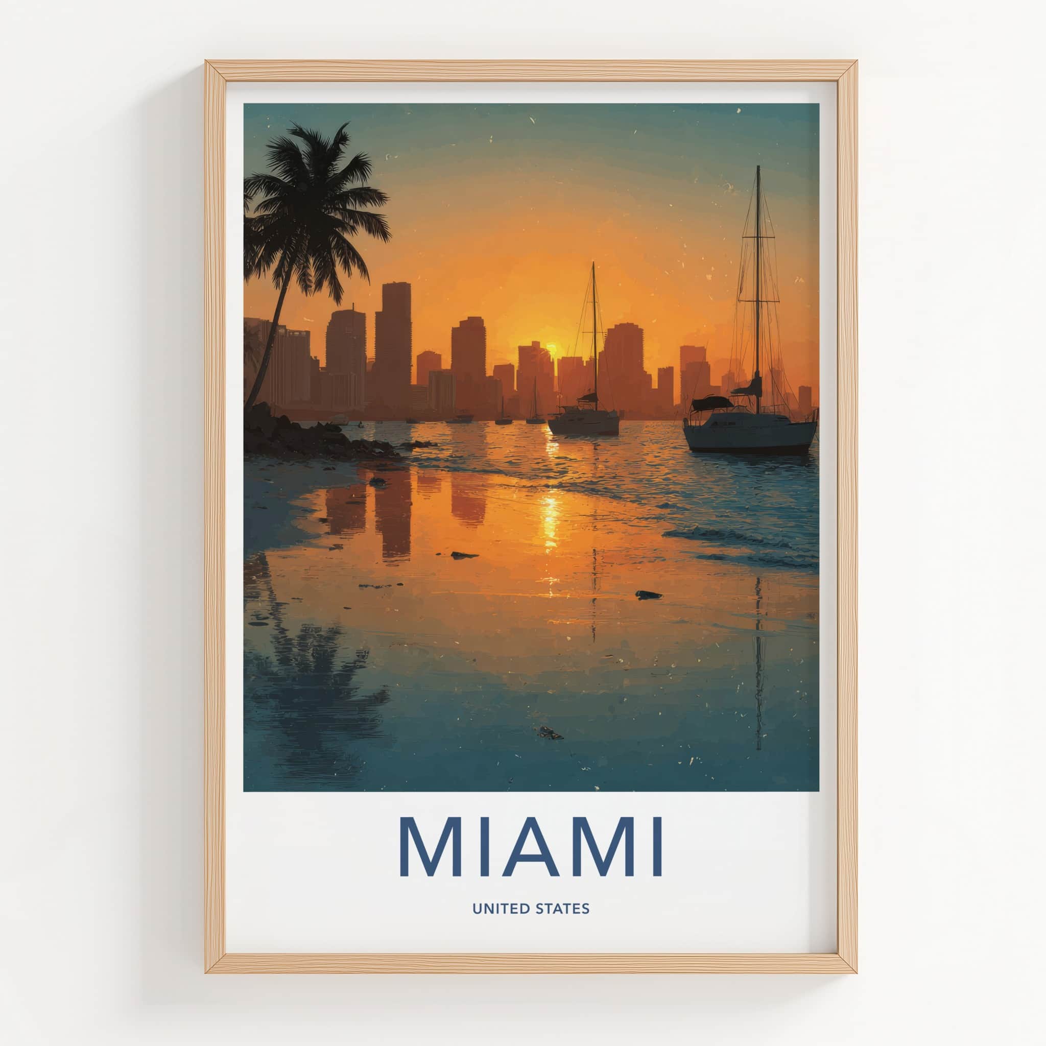 Miami Poster - Florida Travel Art - Sunset Cityscape Boats Home Decor