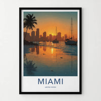 Miami Poster - Florida Travel Art - Sunset Cityscape Boats Home Decor