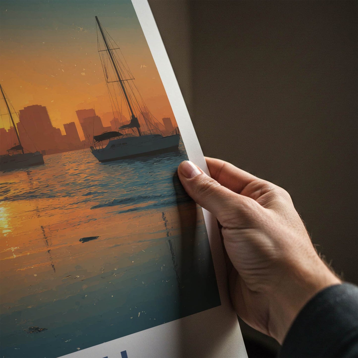 Miami Poster - Florida Travel Art - Sunset Cityscape Boats Home Decor