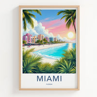 Miami Poster - Florida Travel Art - Tropical Beach Sunset Home Decor