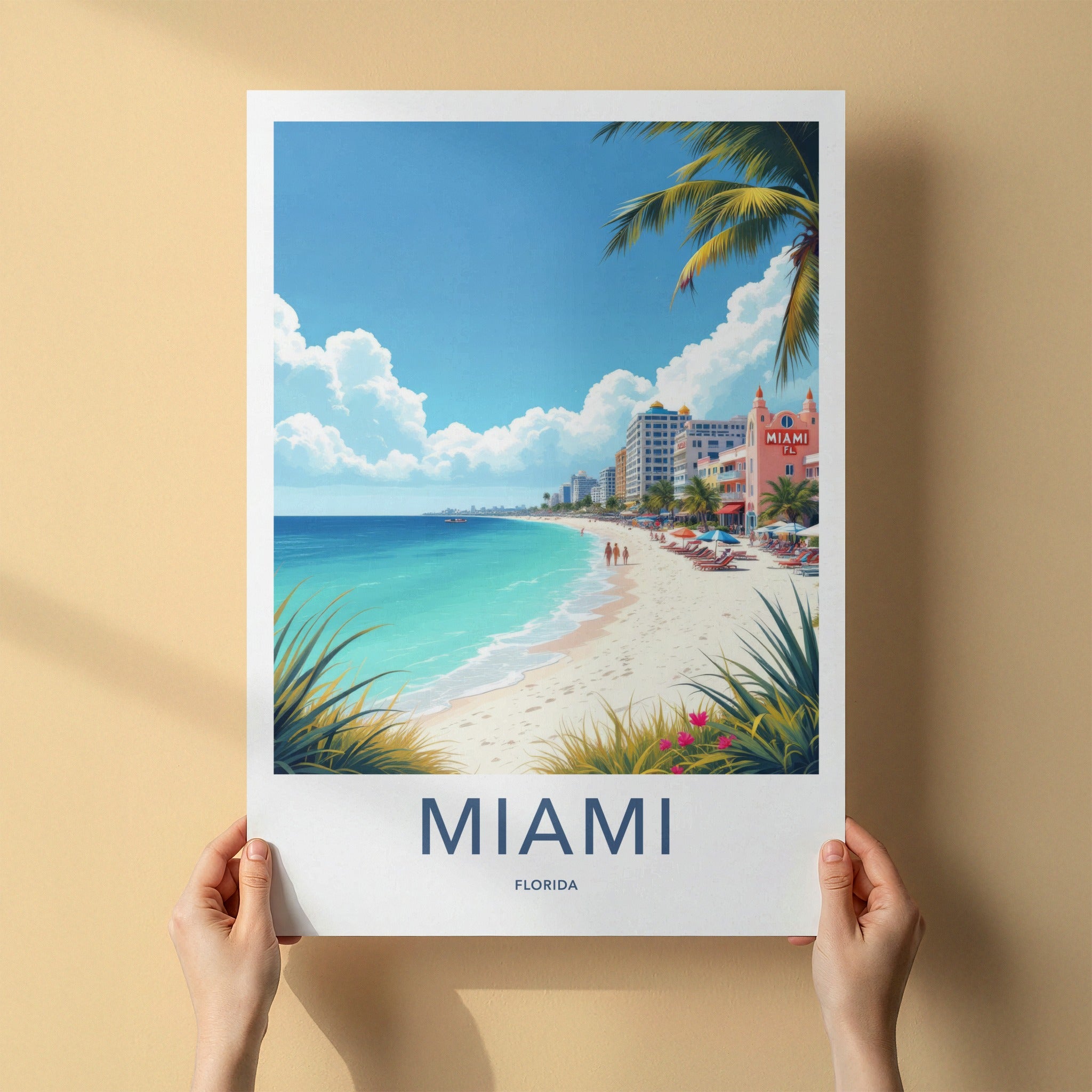 Miami Poster - Florida Travel Art - Vibrant Oceanfront Scene Wall Decor