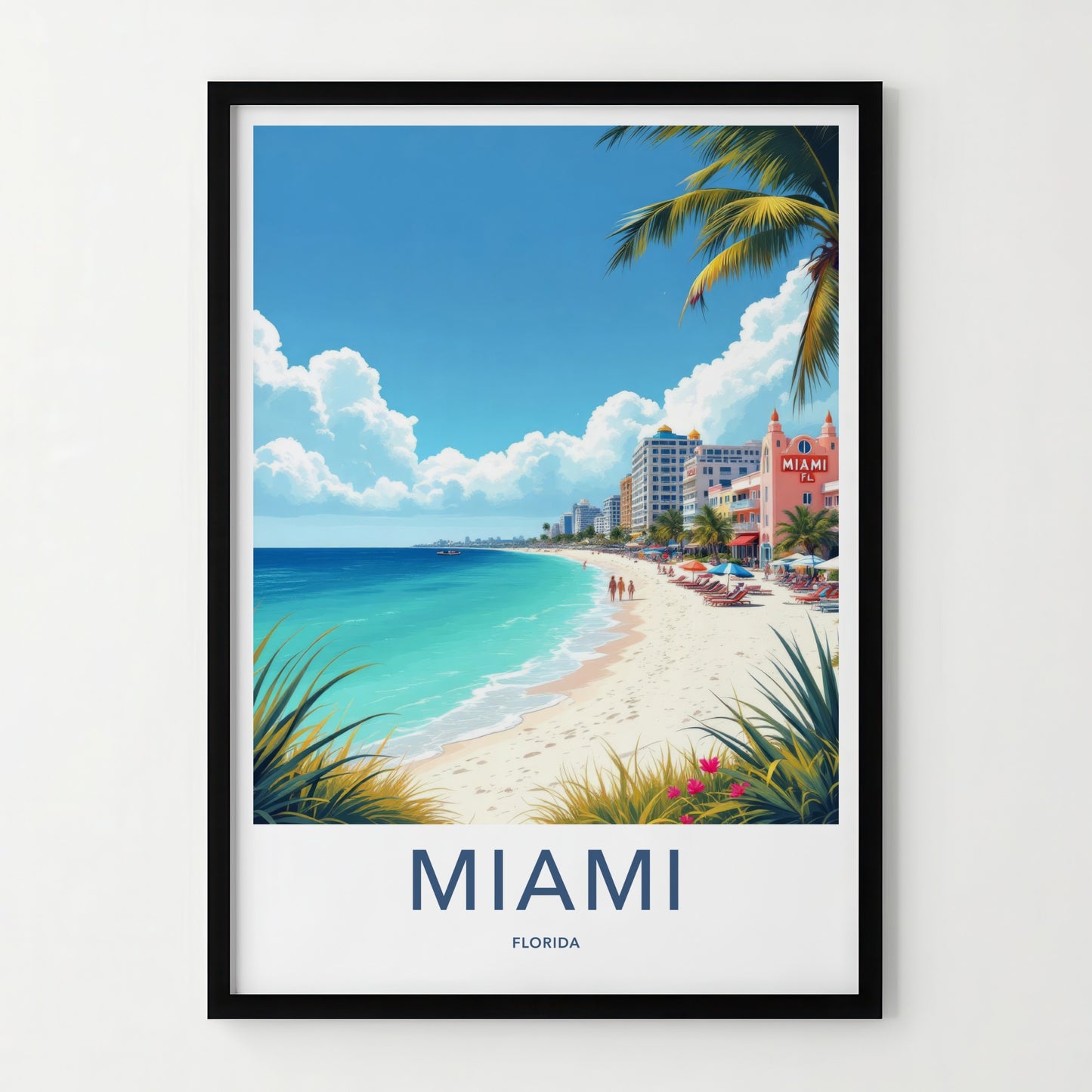Miami Poster - Florida Travel Art - Vibrant Oceanfront Scene Wall Decor