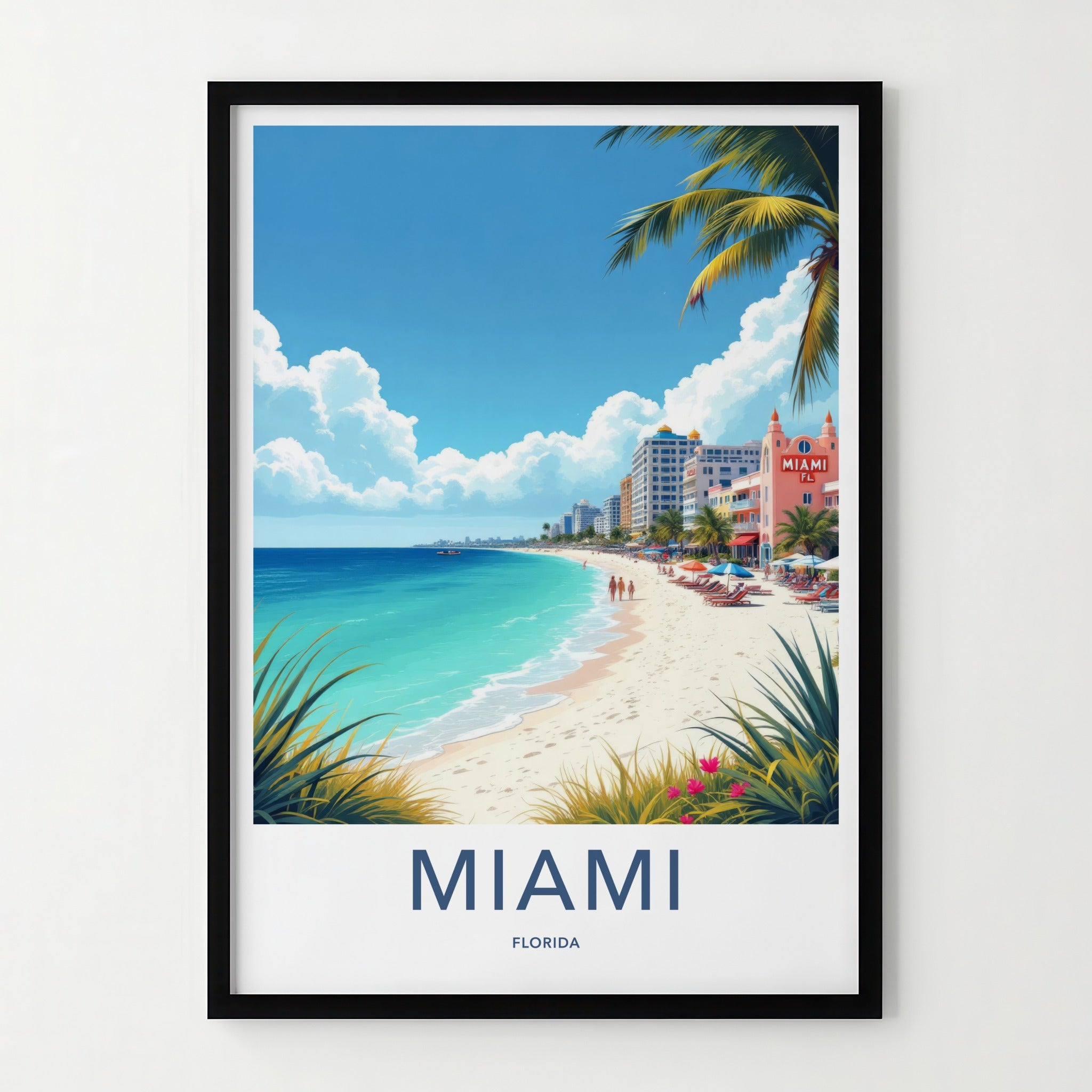 Miami Poster - Florida Travel Art - Vibrant Oceanfront Scene Wall Decor