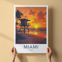 Miami Poster - Florida Travel Print - Lifeguard Sunset Beach Home Decor
